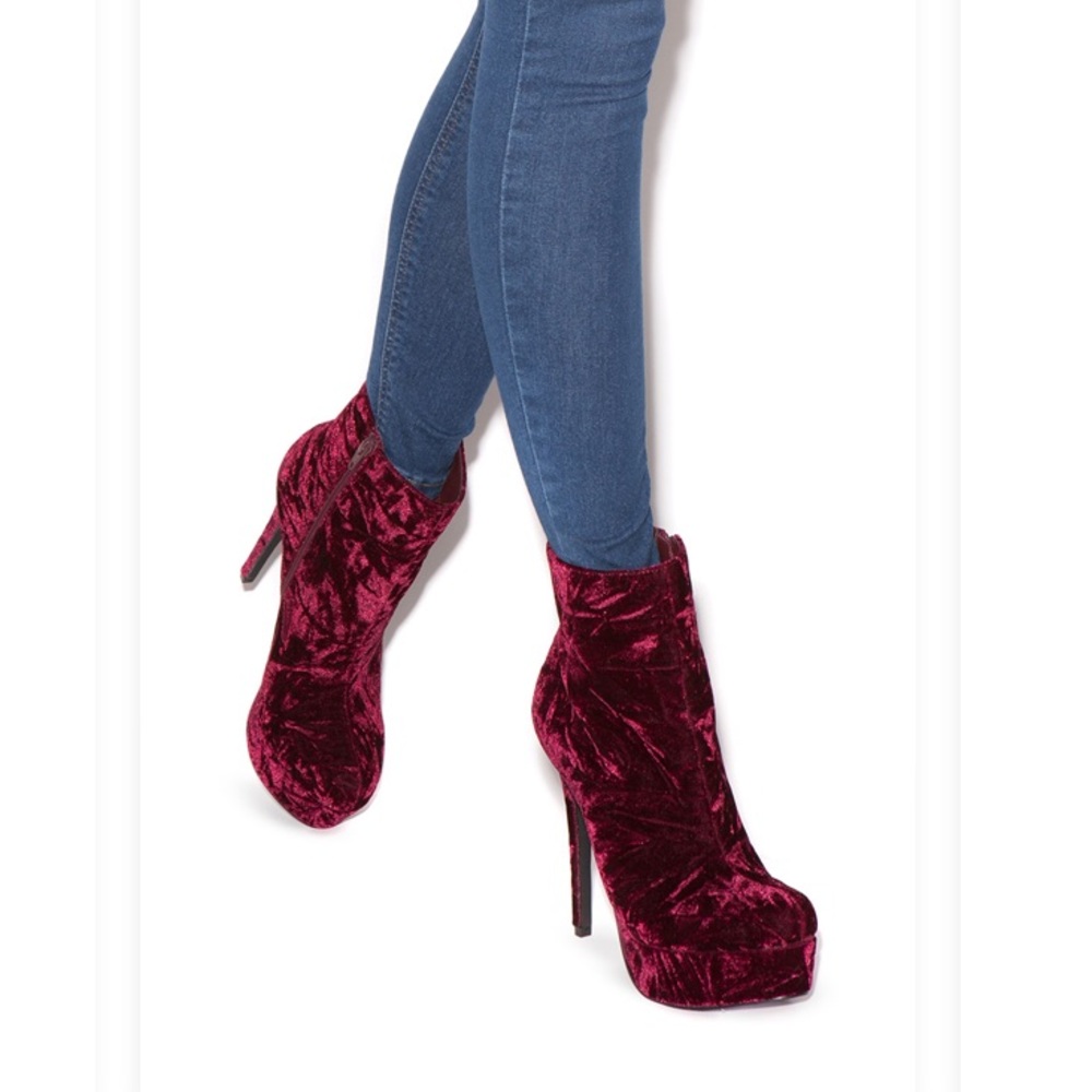 Burgundy heeled platform bootie